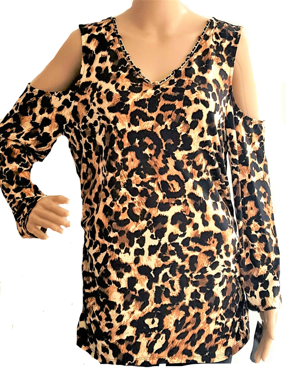 Leopard print cold shoulder top hot sale