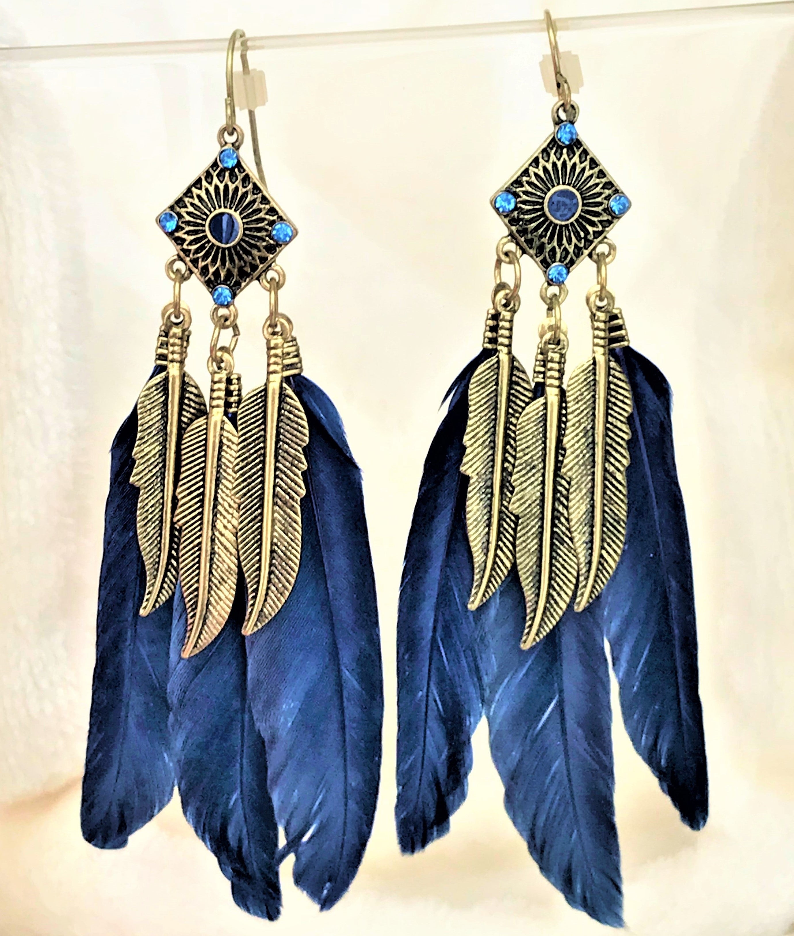 Feather Earrings in natural warm and blue colours, Boho earrings