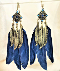 Blue Feather Earrings Bohemian Long Dangle Boho Earrings, Navy Blue Earrings, Bohemian Jewelry, Gold Earrings, Gypsy Style Jewelry - Urban Flair USA