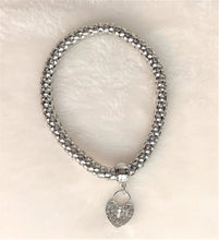 Load image into Gallery viewer, Silver Tone Stretch Metal Mesh Bracelet with Rhinestone Heart Charm - Urban Flair USA