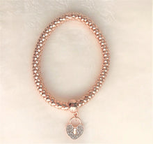 Load image into Gallery viewer, Rose Gold Tone Stretch Metal Mesh Bracelet with Rhinestone Heart Charm, Rose Gold Mesh Stretch Bracelet - Urban Flair USA
