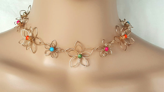 Choker Necklace Wired Flower  with Colored Studs & 4 inches Extender - Urban Flair USA