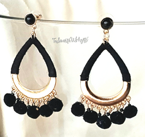 Earrings Pom Pom Black, Black color Threaded Hoop, Black Stud,Boho Chic Fashion Statement Earring - Urban Flair USA