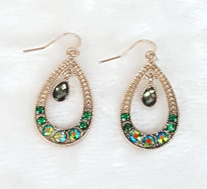 Fashion Earrings Gold-tone Hoop with Green Multi color Rhinestone stud hanging, Dangle Drop Earrings with Fish Hook - Urban Flair USA