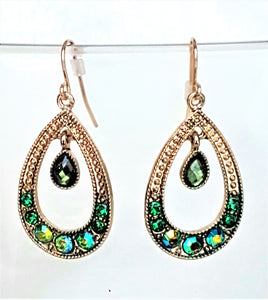 Fashion Earrings Gold-tone Hoop with Green Multi color Rhinestone stud hanging, Dangle Drop Earrings with Fish Hook - Urban Flair USA