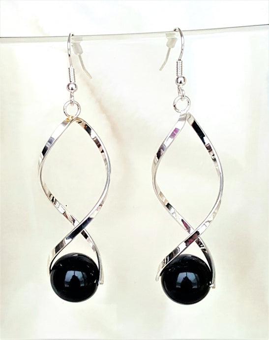Earrings Twisted Swirl Dangle Drop with Black beads, Fashion Earrings, Statement Earrings - Urban Flair USA