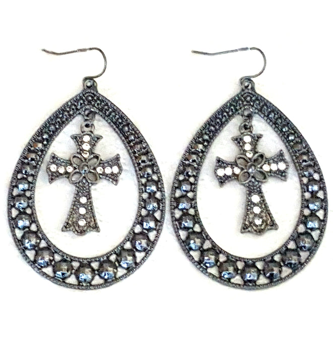 Hooped Earrings Dangle & Drop, Grey Gun Metal Hoop, Rhinestone studded Cross hanging freely in the center - Urban Flair USA