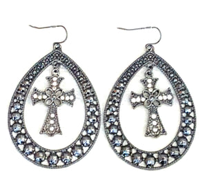 Hooped Earrings Dangle & Drop, Grey Gun Metal Hoop, Rhinestone studded Cross hanging freely in the center - Urban Flair USA