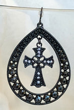 Load image into Gallery viewer, Hooped Earrings Dangle &amp; Drop, Grey Gun Metal Hoop, Rhinestone studded Cross hanging freely in the center - Urban Flair USA
