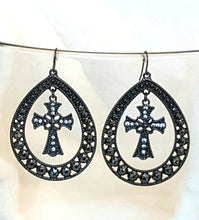 Load image into Gallery viewer, Hooped Earrings Dangle &amp; Drop, Grey Gun Metal Hoop, Rhinestone studded Cross hanging freely in the center - Urban Flair USA