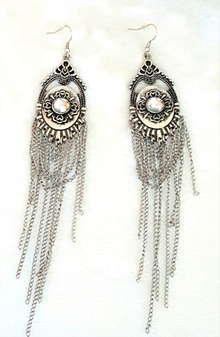 Earrings Extra Long Statement Oxidized Carved Metal w/ Rhinestone, Chain Fringe, Dangle & Drop, Statement Earrings, Chandelier Earrings - Urban Flair USA
