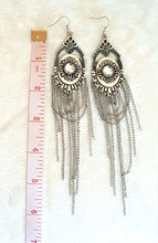 Load image into Gallery viewer, Earrings Extra Long Statement Oxidized Carved Metal w/ Rhinestone, Chain Fringe, Dangle &amp; Drop, Statement Earrings, Chandelier Earrings - Urban Flair USA