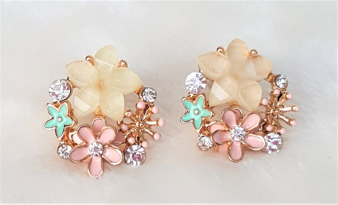 Multicolored Rhinestone, Enamel, Glass cut Floral Stud Earrings - Urban Flair USA