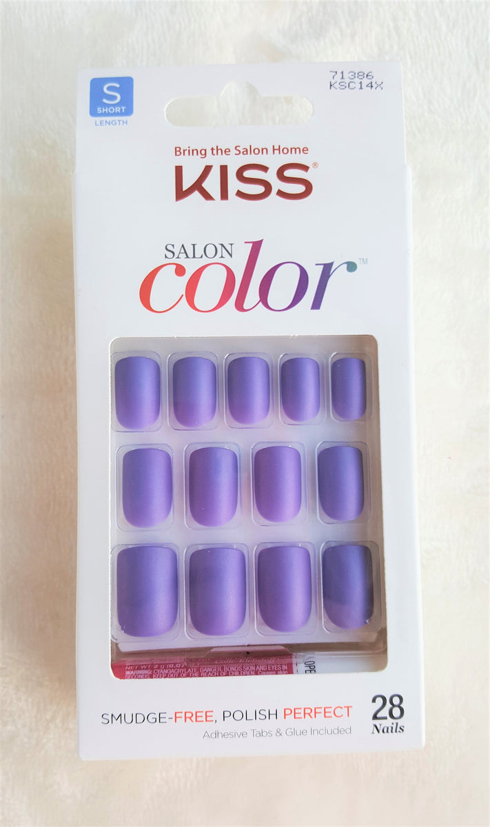 KISS SALON COLOR Press-On Nails PURPLE MATTE FINISH Short Square #7138 ...