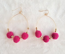 Load image into Gallery viewer, Earrings Pom Pom on Hoop Earring with Gold Beads, Fushia Pom Pom on Gold Hoop, Statement Earrings by UrbanFlair - Urban Flair USA