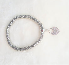 Load image into Gallery viewer, Silver Tone Stretch Metal Mesh Bracelet with Rhinestone Heart Charm, Silver Mesh Stretch Bracelet - Urban Flair USA
