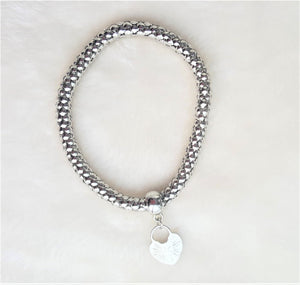 Silver Tone Stretch Metal Mesh Bracelet with Rhinestone Heart Charm, Silver Mesh Stretch Bracelet - Urban Flair USA