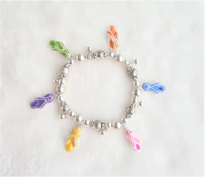 Multi-color Stretchable Bracelet Beaded Silver w/ Colored Flipflops & Bead Charms, Fashion, Beach Bracelet/Anklet by UrbanFlair - Urban Flair USA