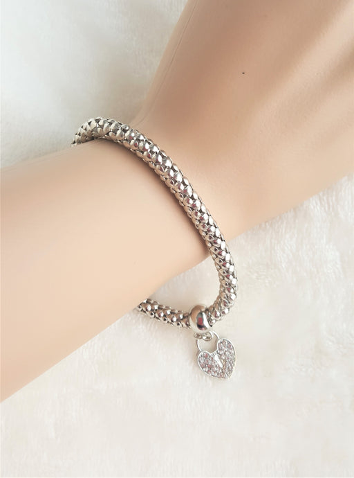 Silver Tone Stretch Metal Mesh Bracelet with Rhinestone Heart Charm, Silver Mesh Stretch Bracelet - Urban Flair USA