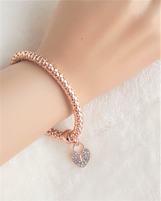 Rose Gold Tone Stretch Metal Mesh Bracelet with Rhinestone Heart Charm, Rose Gold Mesh Stretch Bracelet - Urban Flair USA