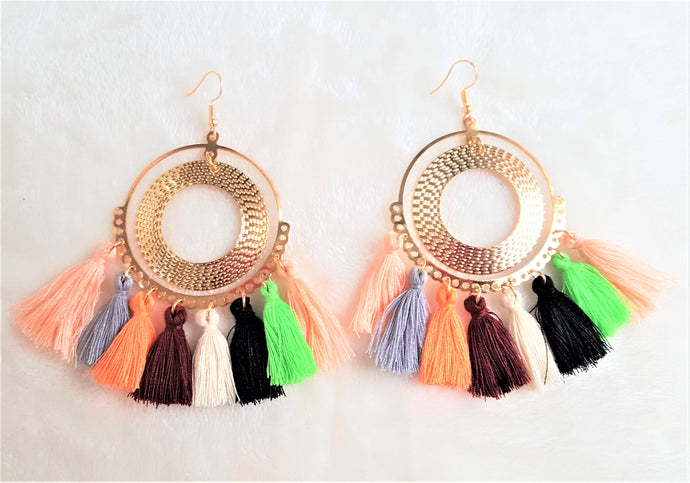 Multicolored Earrings, Tassel Earrings, Gold tone Metal Hoop, Hoop Earrings, Bohemian Beach Jewelry, Statement Earrings by UrbanFlair - Urban Flair USA