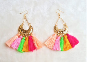 Multicolored Tassel Earrings Gold tone Metal Hoop, Dangle Drop Earring, Hoop Earrings, Bohemian Jewelry, Statement Earrings, Beach Earrings - Urban Flair USA