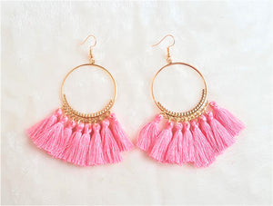 Pink Tassel Earrings Cream Gold tone Metal Hoop, Dangle drop Earrings, Hoop Earrings, Bohemian Jewelry, Statement Earrings, Beach Earrings - Urban Flair USA