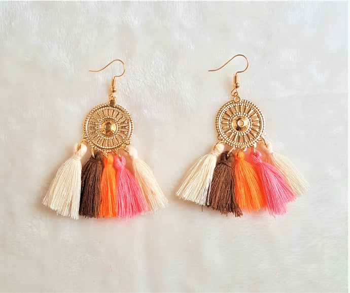 Multicolored Tassel Earrings on Gold tone Metal Disc,Dangle Drop Earring,Hoop Earrings, Bohemian Jewelry, Statement Earrings, Beach Earrings - Urban Flair USA