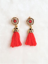 Load image into Gallery viewer, Red Tassel Earrings Vintage Small Antique Gold Ethnic w Red Rhinestone,Small Threaded Tassel Earring,Statement Earring,Rhinestone Earring - Urban Flair USA