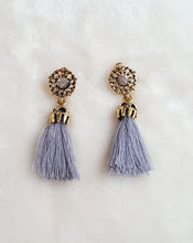 Load image into Gallery viewer, Gray Tassel Earrings Vintage Small Antique Gold Ethnic w Rhinestone Stud,Small Threaded Tassel Earring,Statement Earring,Rhinestone Earring - Urban Flair USA