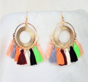 Multicolored Earrings, Tassel Earrings, Gold tone Metal Hoop, Hoop Earrings, Bohemian Beach Jewelry, Statement Earrings by UrbanFlair - Urban Flair USA