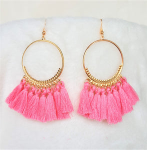 Pink Tassel Earrings Cream Gold tone Metal Hoop, Dangle drop Earrings, Hoop Earrings, Bohemian Jewelry, Statement Earrings, Beach Earrings - Urban Flair USA