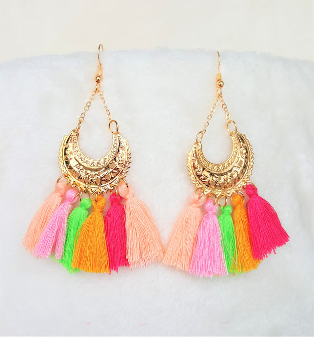 Multicolored Tassel Earrings Gold tone Metal Hoop, Dangle Drop Earring, Hoop Earrings, Bohemian Jewelry, Statement Earrings, Beach Earrings - Urban Flair USA