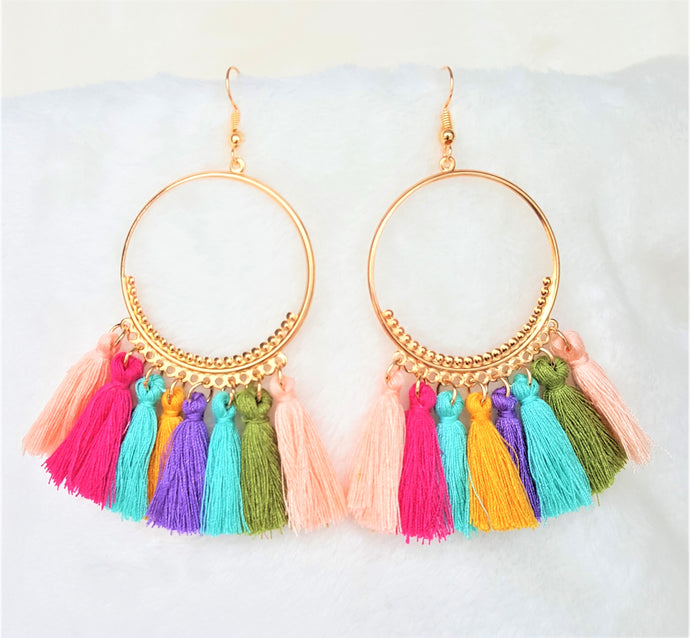 Multicolored Tassel Earrings Gold tone Metal Hoop, Dangle Drop Earring, Hoop Earrings, Bohemian Jewelry, Statement Earrings, Beach Earrings - Urban Flair USA