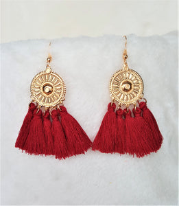 Red Tassel Earrings on Gold tone Metal Disc,Dangle Drop Earring,Hoop Earrings, Bohemian Jewelry, Statement Earrings, Beach Earrings - Urban Flair USA