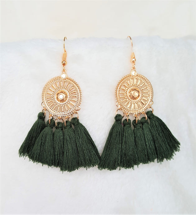 Tassel Earrings on Gold tone Metal Disc Green Olive,Dangle Drop Earring,Hoop Earrings, Bohemian Jewelry, Statement Earrings, Beach Earrings - Urban Flair USA