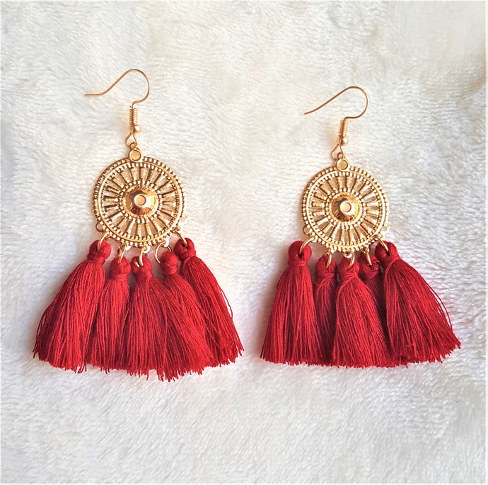 Red Tassel Earrings on Gold tone Metal Disc,Dangle Drop Earring,Hoop Earrings, Bohemian Jewelry, Statement Earrings, Beach Earrings - Urban Flair USA
