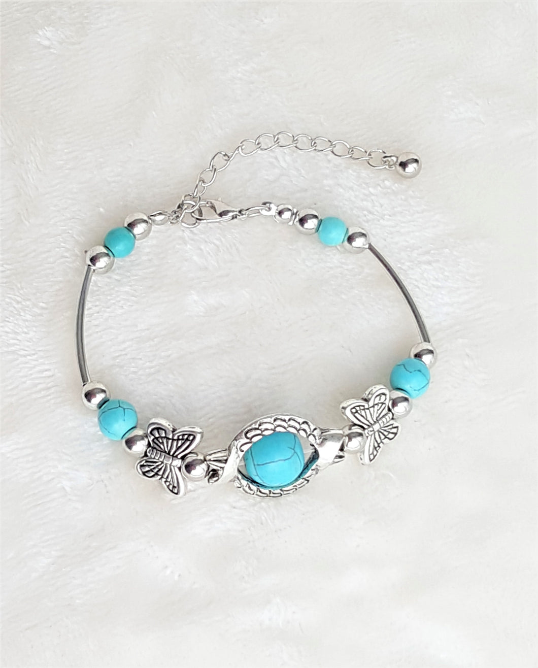 Alloy & Blue Stone Bracelet Butterfly Beads Bohemian Handmade Bracelet, Tibetan Silver Color Bracelet with Turquoise Beads - Urban Flair USA