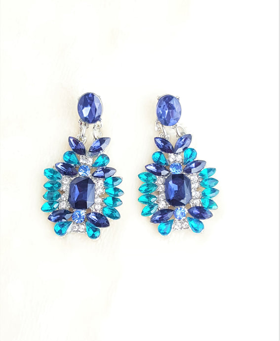 Blue Crystal Earrings, Bohemian Jewelry, Geometric Pattern Statement Earrings, Party Wear Earrings - Urban Flair USA