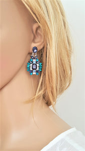 Blue Crystal Earrings, Bohemian Jewelry, Geometric Pattern Statement Earrings, Party Wear Earrings - Urban Flair USA