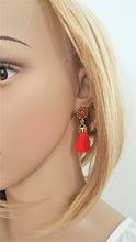 Load image into Gallery viewer, Red Tassel Earrings Vintage Small Antique Gold Ethnic w Red Rhinestone,Small Threaded Tassel Earring,Statement Earring,Rhinestone Earring - Urban Flair USA
