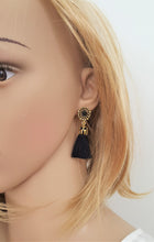 Load image into Gallery viewer, Black Tassel Earring Vintage Small Antique Gold Ethnic w Black Rhinestone,Small Threaded Tassel Earring,Statement Earring,Rhinestone Earring - Urban Flair USA