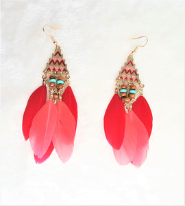 Red Feather Earrings Bohemian, Red Boho Earrings Beads Gold, Red Earrings, Statement Earrings, Bohemian Jewelry - Urban Flair USA