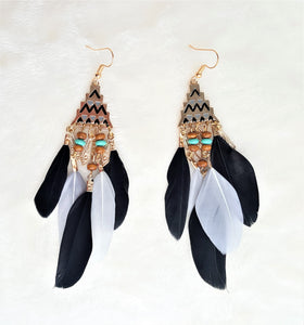 Feather Earrings Black Grey Bohemian ,Boho Earring Beads Gold, Statement Earring, Bohemian Jewelry - Urban Flair USA