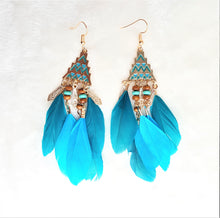 Load image into Gallery viewer, Feather Earring Bohemian Turquoise Teal Beads Gold, Boho Earrings, Statement Earring, Bohemian Jewelry - Urban Flair USA