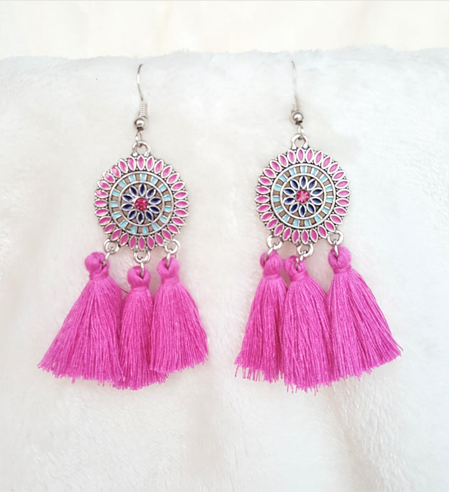 Tassel Earrings on Enamel Metal Disc,Dangle Drop Earring,Hoop Earrings, Bohemian Jewelry, Statement Earrings, Ethnic Earrings - Urban Flair USA