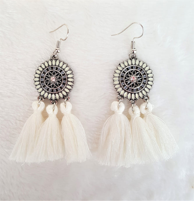 Cream Tassels Earrings on Enamel Metal Disc, Boho Earrings, Dangle Drop Earrings, Hoop Earrings, Bohemian Jewelry, Ethnic Jewelry - Urban Flair USA