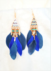 Feather Earring Bohemian Blue, Beads, Gold, BOHO, Dangle Drop Earring, Statement Earring, Bohemian Jewelry, - Urban Flair USA