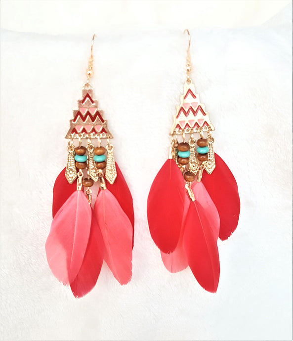 Red Feather Earrings Bohemian, Red Boho Earrings Beads Gold, Red Earrings, Statement Earrings, Bohemian Jewelry - Urban Flair USA