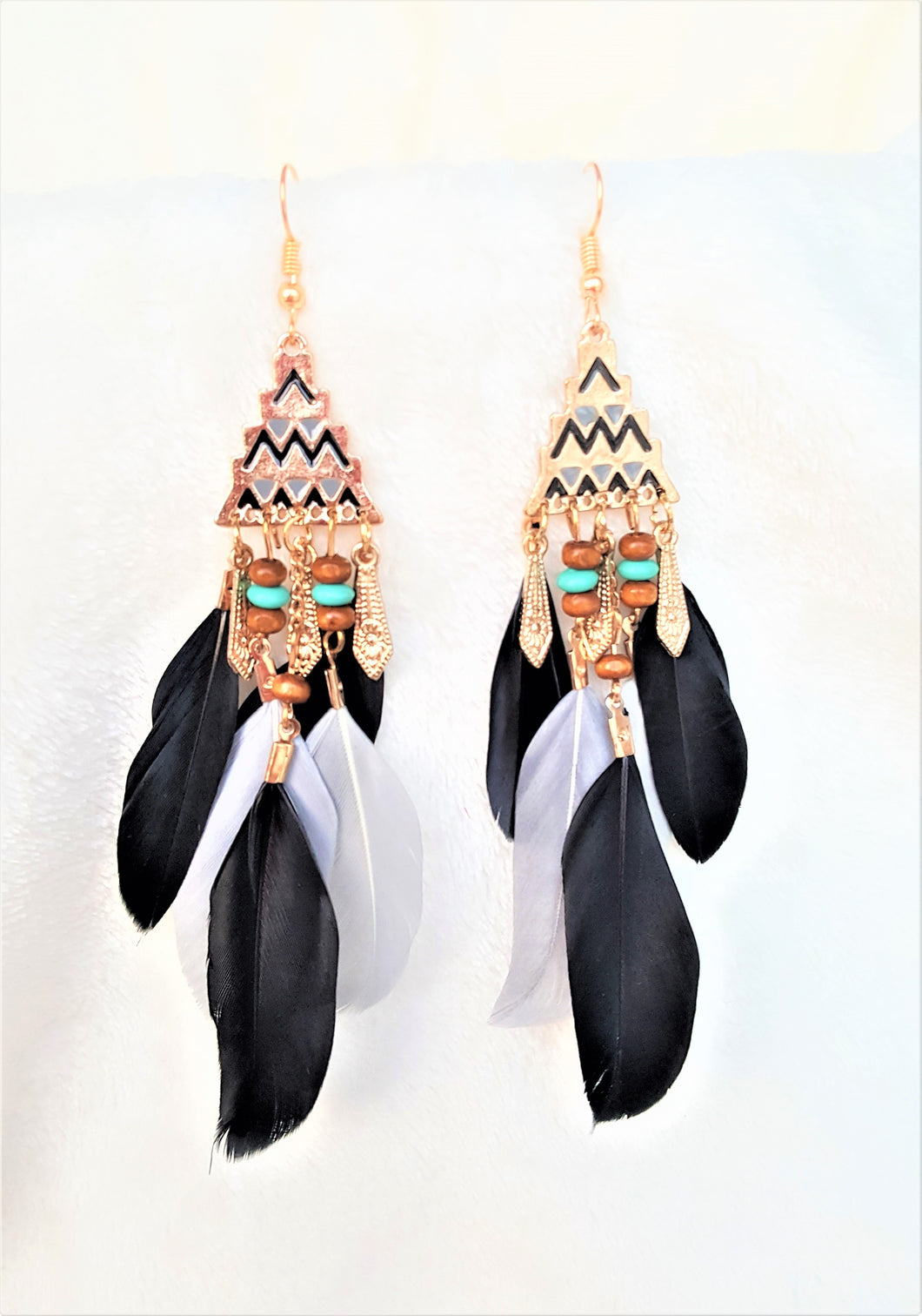 Feather Earrings Black Grey Bohemian ,Boho Earring Beads Gold, Statement Earring, Bohemian Jewelry - Urban Flair USA